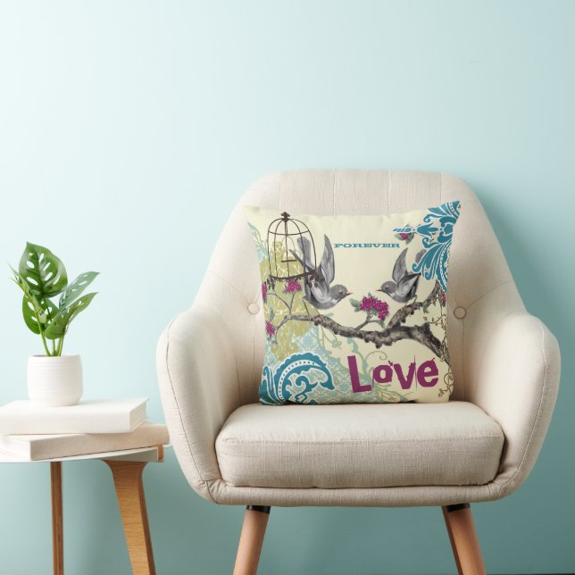 Everafter Bride Teal Lime & Plum Bird Birdcage Throw Pillow (Chair)