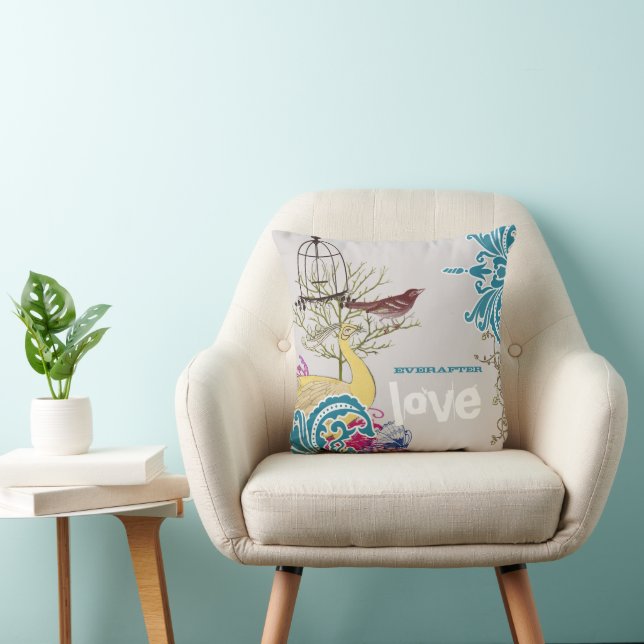 Everafter Bride Teal Yellow Gray Peacock Birdcage Throw Pillow (Chair)