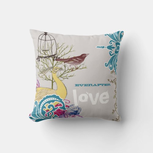 Everafter Bride Teal Yellow Gray Peacock Birdcage Throw Pillow