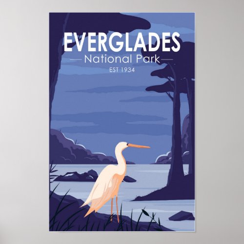 Everglades National Park Night Egret Vintage Poster