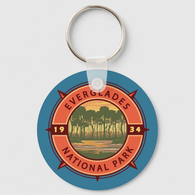 Everglades National Park Sunset Retro Compass Keychain (Front)