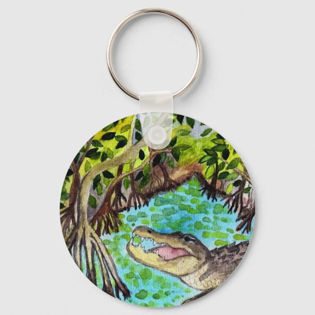 Everglades Watercolor Crocodile Alligator Florida Keychain (Front)