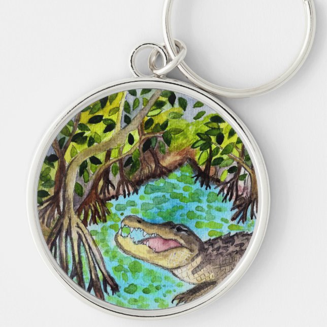 Everglades Watercolor Crocodile Alligator Florida Keychain (Front)
