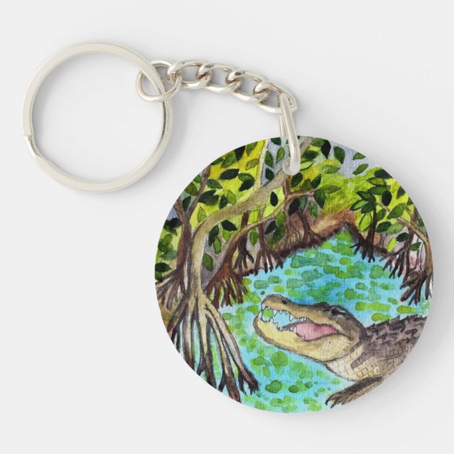 Everglades Watercolor Crocodile Alligator Florida Keychain (Front)