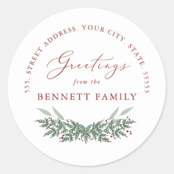 Evergreen And Berries  Return Address Classic Round Sticker by Whimzy_Designs at Zazzle