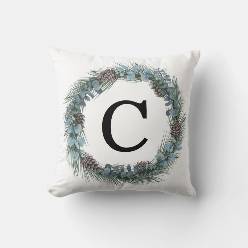 Evergreen and Ecualyptus Wreath Monogram Throw Pillow