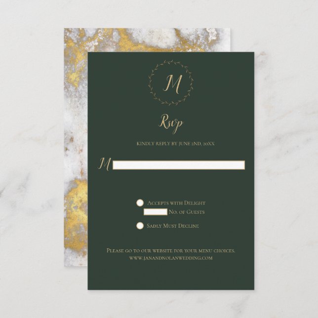 Evergreen and Gold Marble Monogram Vertical RSVP (Front/Back)