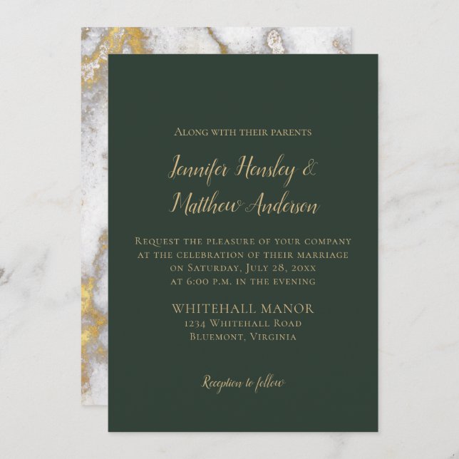 Evergreen and Gold Marble Winter Wedding Invitation (Front/Back)