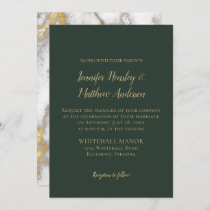 Evergreen and Gold Marble Winter Wedding Invitation