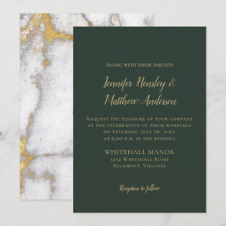 Evergreen and Gold Marble Winter Wedding Invitation
