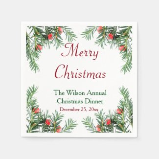Evergreen and Red Berries Christmas Napkins