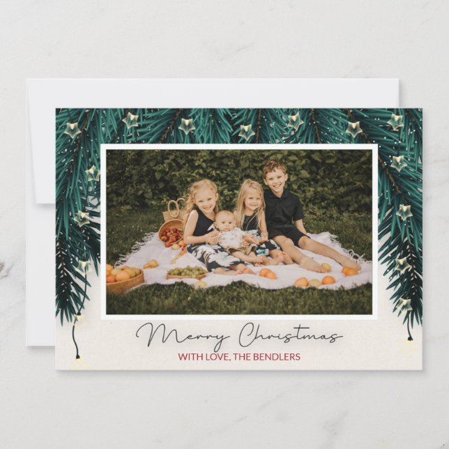 Evergreen and Star Lights Photo Christmas Card (Front)