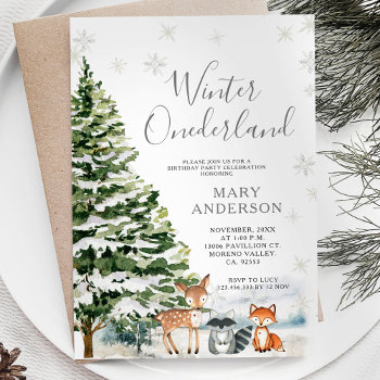 Evergreen Animal Winter Onederland 1st Birthday Invitation by HappyPartyStudio at Zazzle