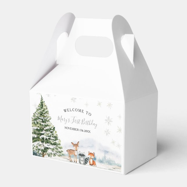 Evergreen Animal Winter Onederland Birthday Favor Boxes (Front Side)
