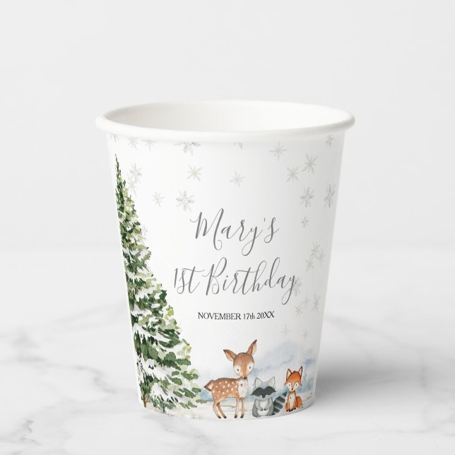 Evergreen Animal Winter Onederland Birthday Paper Cups (Front)