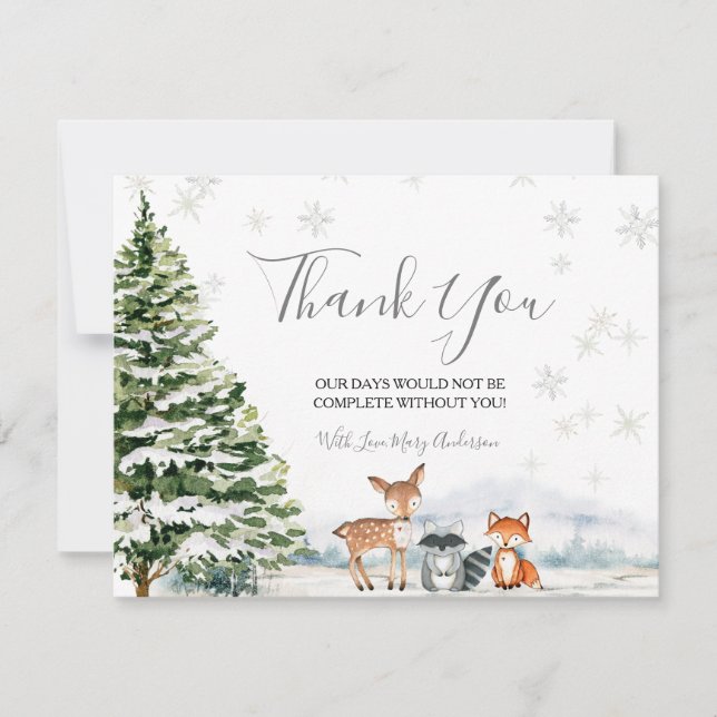 Evergreen Animal Winter Onederland Birthday Thank You Card (Front)