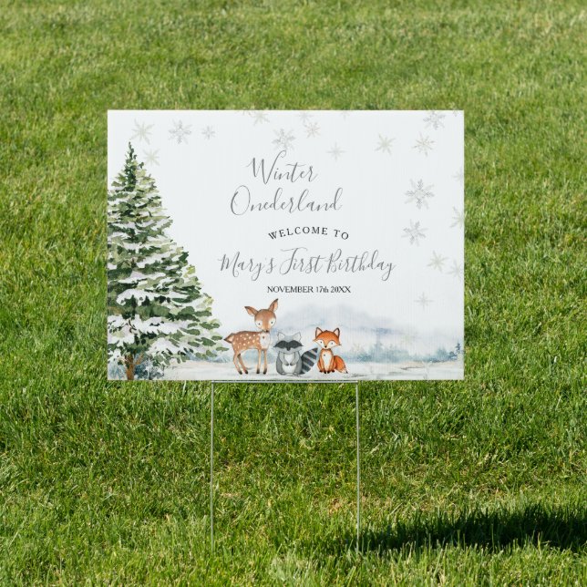 Evergreen Animal Winter Onederland Welcome Yard Sign (Insitu)