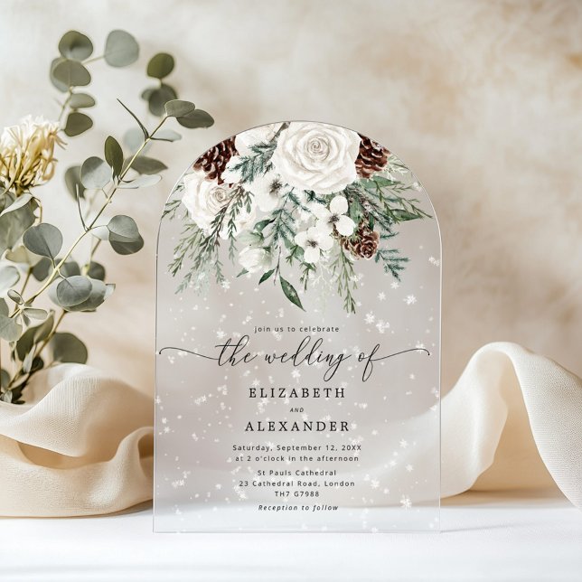 Evergreen arch elegant snow winter wedding acrylic invitations (Creator Uploaded)