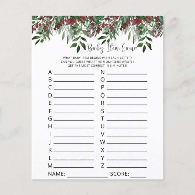 Evergreen Baby Item Game. Baby Shower Game (Front)