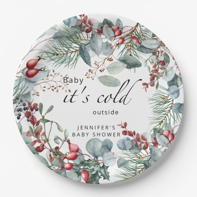 Evergreen Baby its cold outside baby shower  Paper Plates (Front)