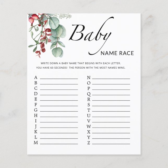 Evergreen baby shower baby name race game (Front)