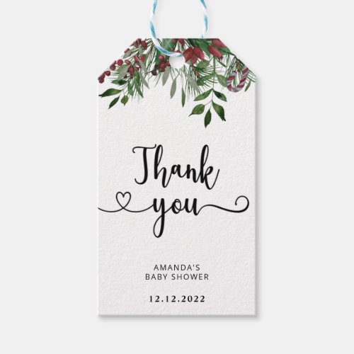 Evergreen baby shower thank you gift tags