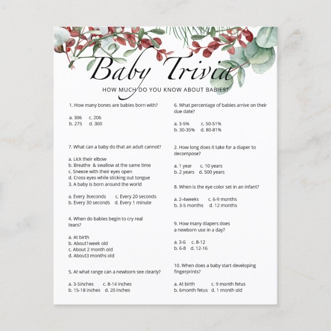 Evergreen Baby Trivia Baby Shower Game (Front)