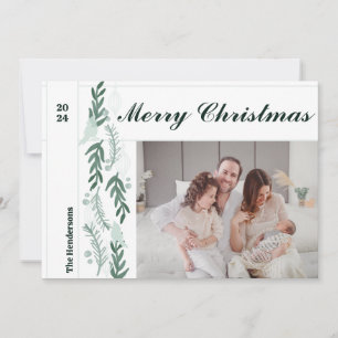 Evergreen Berry Garland Modern One Photo Christmas Holiday Card