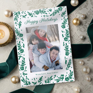 Evergreen Botanical Leaves Wreath Frame Christmas Letterpress Photo Cards