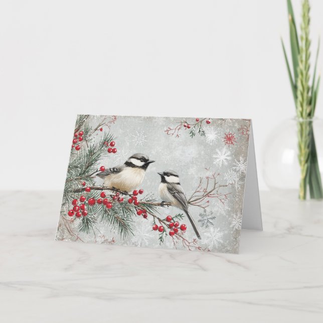 Evergreen Branch with Chickadees and Snowflakes Card (Front)