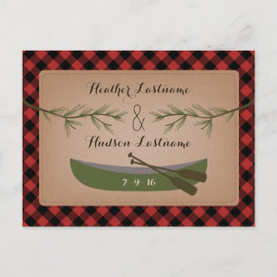 Evergreen Branches + Canoe Plaid Save The Date Announcement Postcard