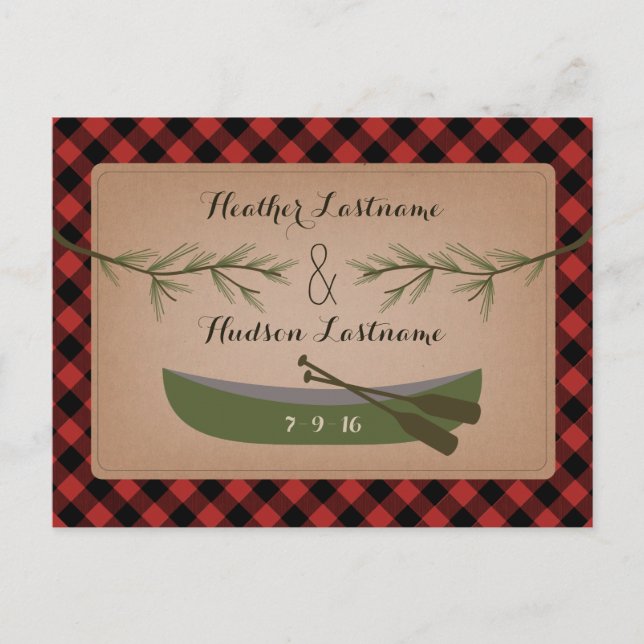 Evergreen Branches + Canoe Plaid Save The Date Announcement Postcard (Front)