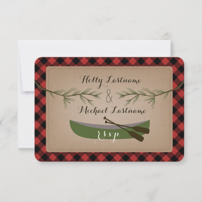 Evergreen Branches + Canoe Plaid Wedding R.S.V.P. RSVP Card (Front)