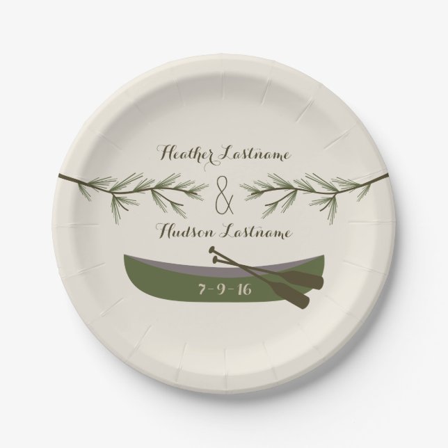 Evergreen Branches + Canoe Wedding Paper Plates (Front)