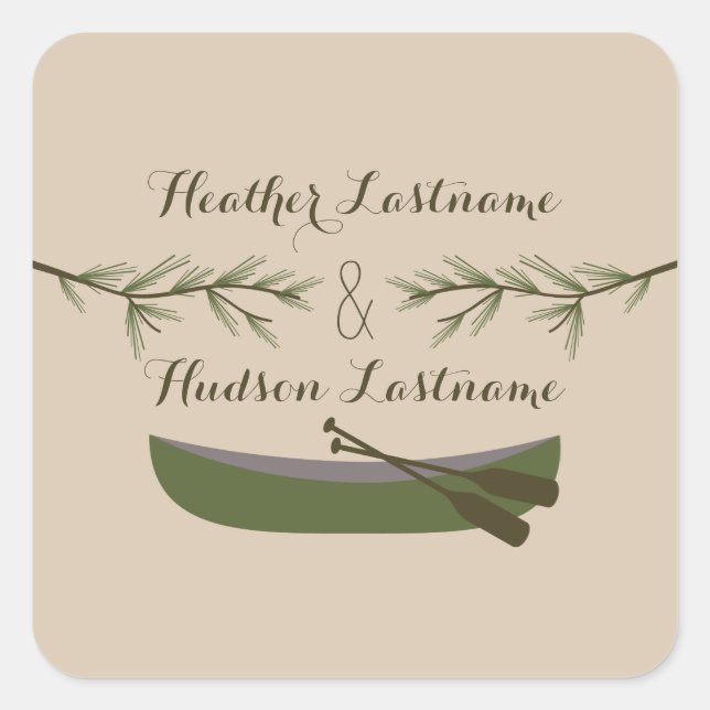 Evergreen Branches & Canoe Wedding Sticker (Front)