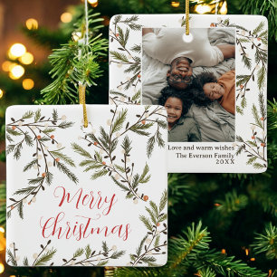 Evergreen Branches Festive Holiday Photo Christmas Ceramic Ornament