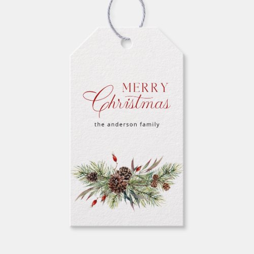 Evergreen Branches Pine Cones Merry Christmas Gift Tags