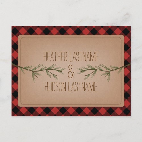 Evergreen Branches Plaid Rustic Save The Date Announcement Postcard