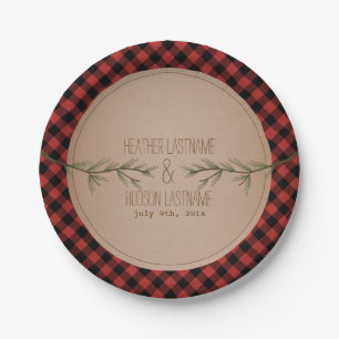 Evergreen Branches Plaid Wedding Paper Plates