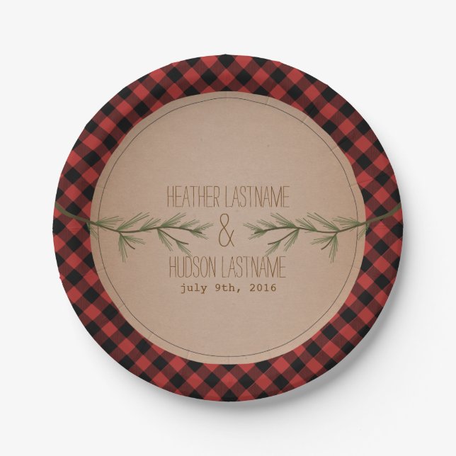 Evergreen Branches Plaid Wedding Paper Plates (Front)