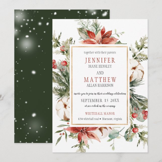 Evergreen Branches Red Poinsettia Gold Wedding | Invitation (Front/Back)