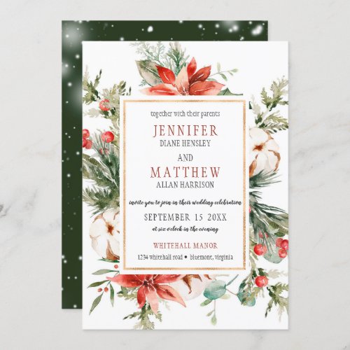 Evergreen Branches Red Poinsettia Gold Wedding  Invitation