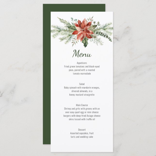 Evergreen Branches Red Poinsettia Wedding Menu (Front/Back)