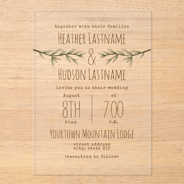 Evergreen Branches Rustic Woodland Wedding Acrylic Invitations (Front)