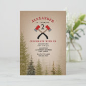 Evergreen Buffalo Plaid Axe Lumberjack Birthday Invitation (Standing Front)