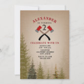 Evergreen Buffalo Plaid Axe Lumberjack Birthday Invitation (Front)