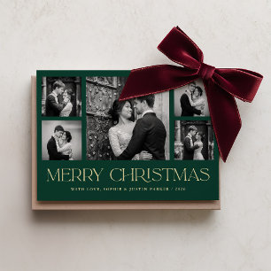 Evergreen Champagne Merry Christmas Photo Grid Holiday Card