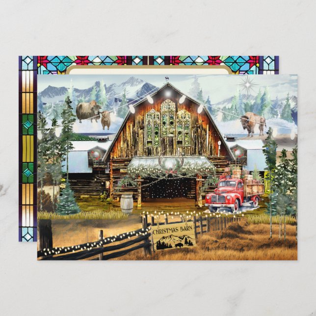 Evergreen Christmas Barn Holiday Flat Card 5"x7" (Front/Back)