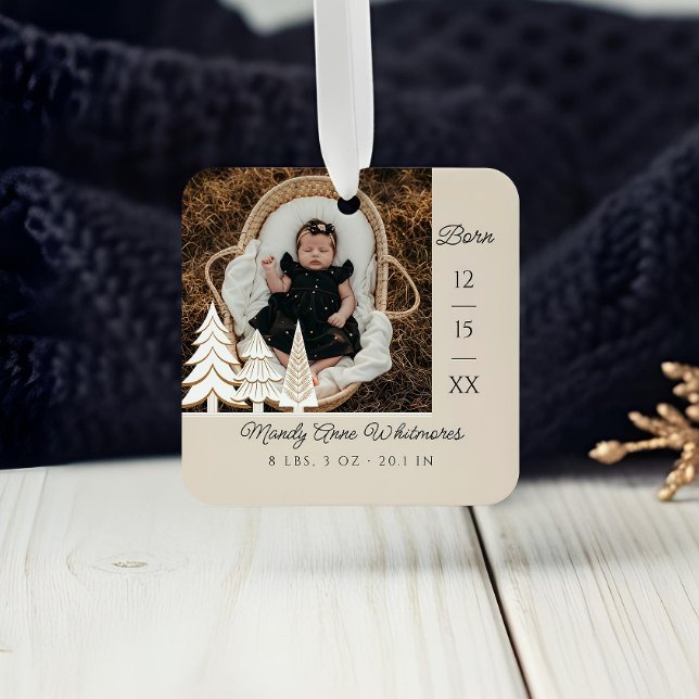 Evergreen Christmas Tree Baby Birth Stat Photo Metal Ornament (Evergreen Christmas Tree Baby Birth Stat Photo Metal Ornament)