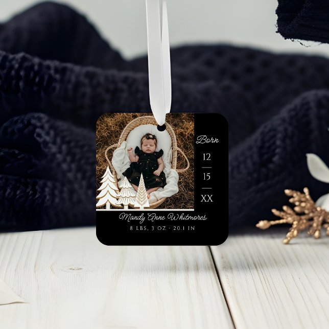 Evergreen Christmas Tree Baby Birth Stat Photo Metal Ornament (Evergreen Christmas Tree Baby Birth Stat Photo Metal Ornament)